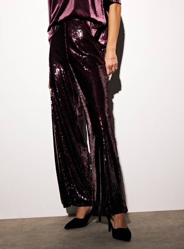 Burgundy Sequin Embellished Wide Tailored Trousers  12L